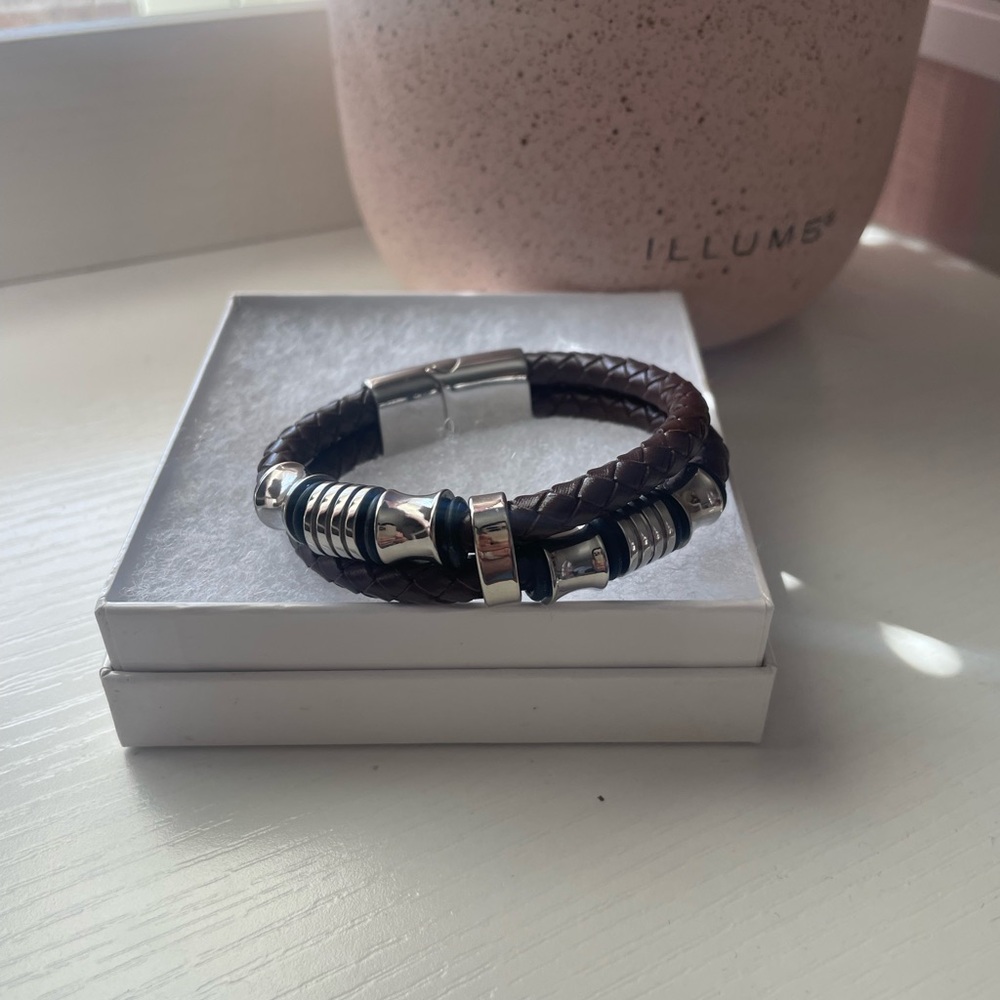 Men's Brown Braided Leather Bracelet with Silver Accents